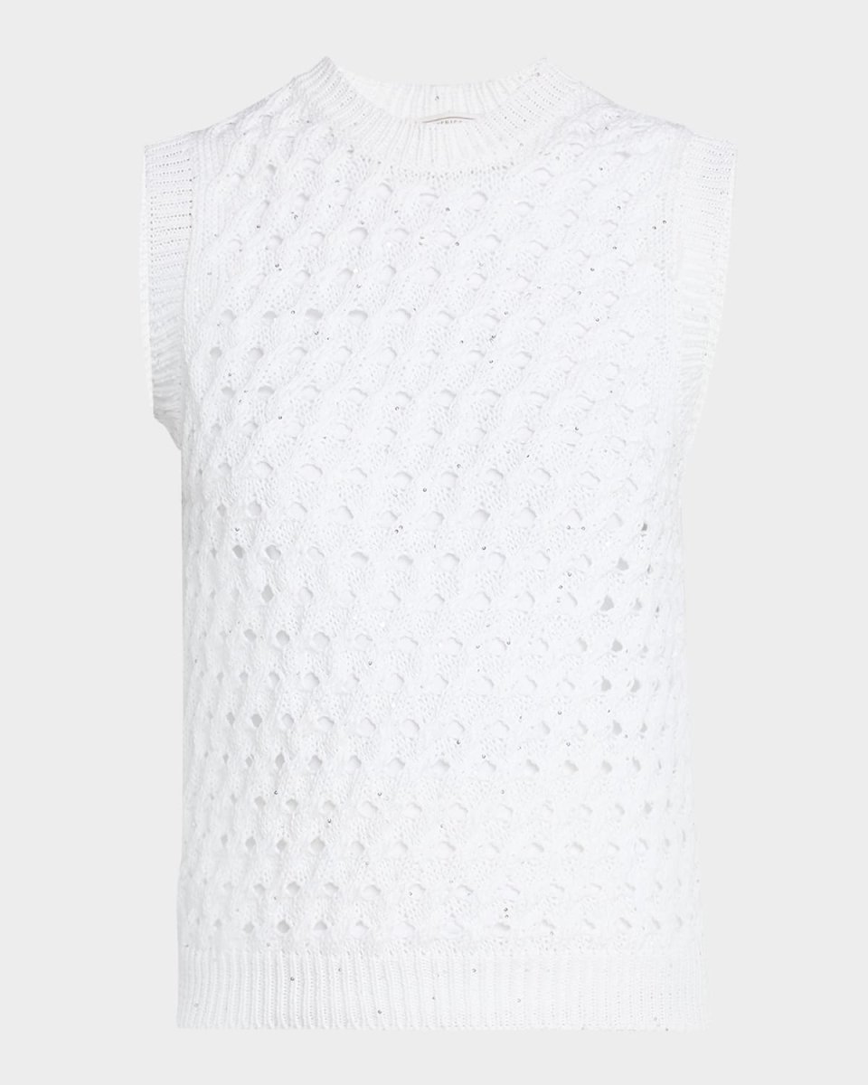 Sleeveless Open-Knit Sequin Sweater